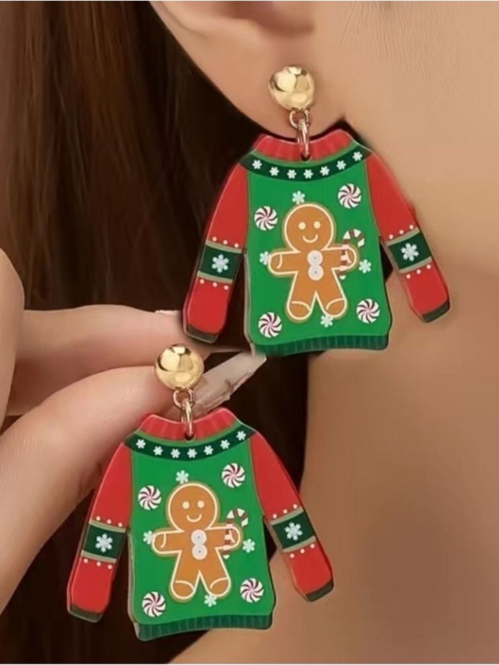 Christmas Sweater Design With Gingerbread Print Pierced Dangle Earrings